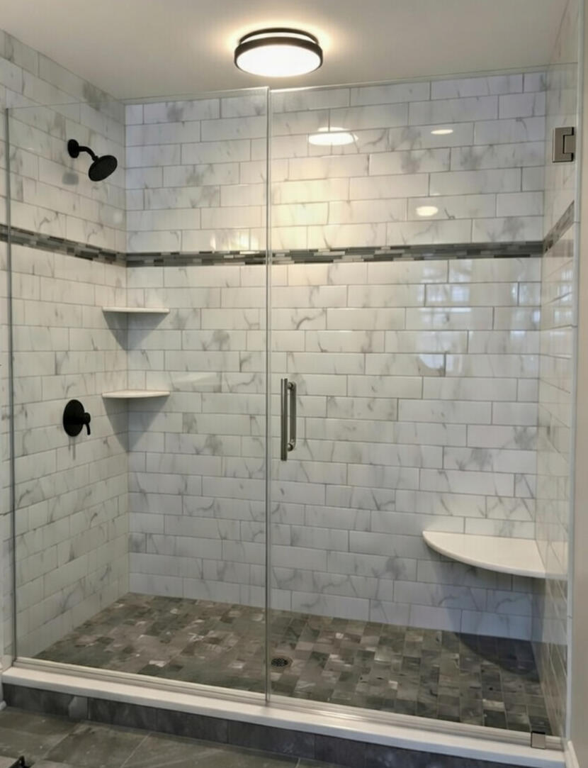 Marbled Look Subway Shower Wall Tiles with Marble Seat and Shelves