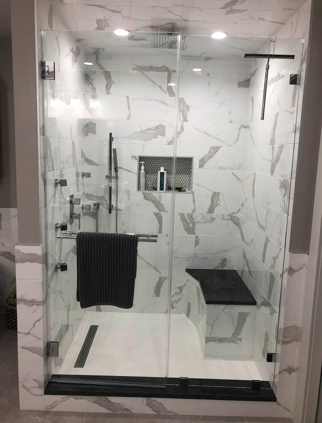 Marble Shower Tile, Custom Pebble Niche, Custom Built Shower Seat