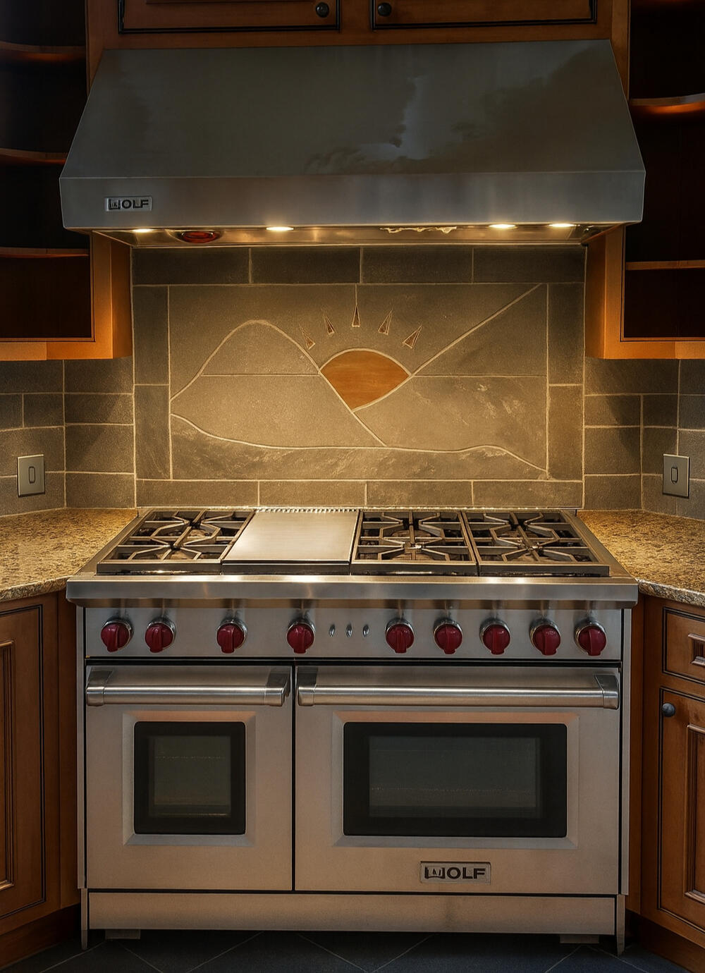 Custom Travertine Handcut Mosaic Inlay and Travertine Backsplash